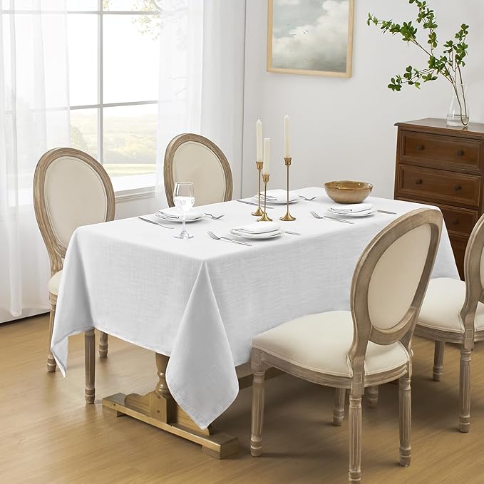 Softalker Linen Textured Rectangle Tablecloth, Waterproof Wipeable Farmhouse Burlap Table Cloth, Stain Resistant Wrinkle Free Table Covers for Kitchen Dining Holiday Party (60 x 84, White)