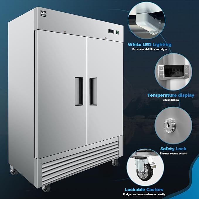 54" W Commercial Reach-in Freezer, ETL Upright 2 doors Auto-Defrost, 49 cu. ft. Bottom Mounted, stainless steel for Restaurant Kitchen Home Bar Shop -8°F