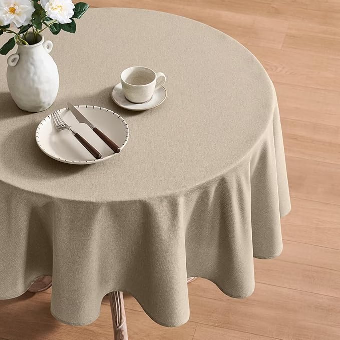 Faux Linen Tablecloths for Rectangle Tables, Burlap Textured Table Cloths Washable Farmhouse Table Cover Water Resistant for Dining, Wedding, Outdoor(Khaki, 60" Round)