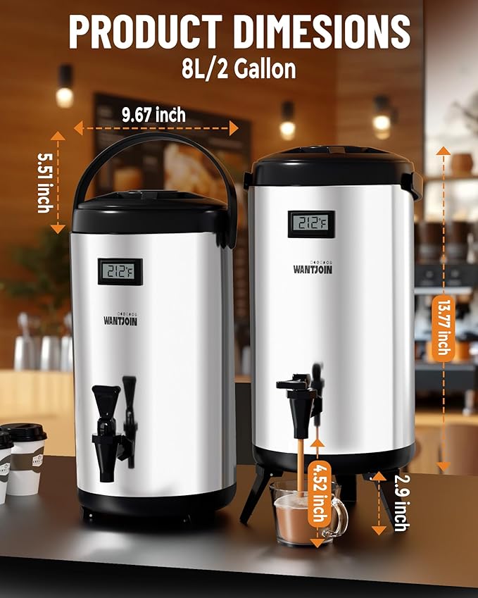 Insulated Beverage Dispenser - 8L/2.1Gal Silver Stainless Steel, Single, LCD Thermometer, Triple-Layer Insulated, Non-Electric Hot & Cold Drink Dispenser for Coffee, Tea
