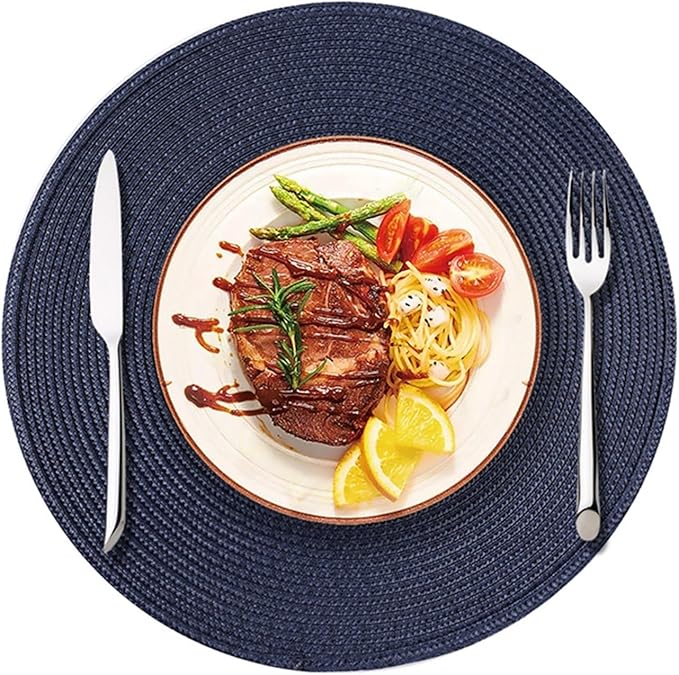 Round Table Mat Braided Woven Set of 4 Woven Placemats Heat Non-Slip for Kitchen Indoor and Outdoor 15 Inch(PPR Dark Blue,Round_38CM 6PCS)