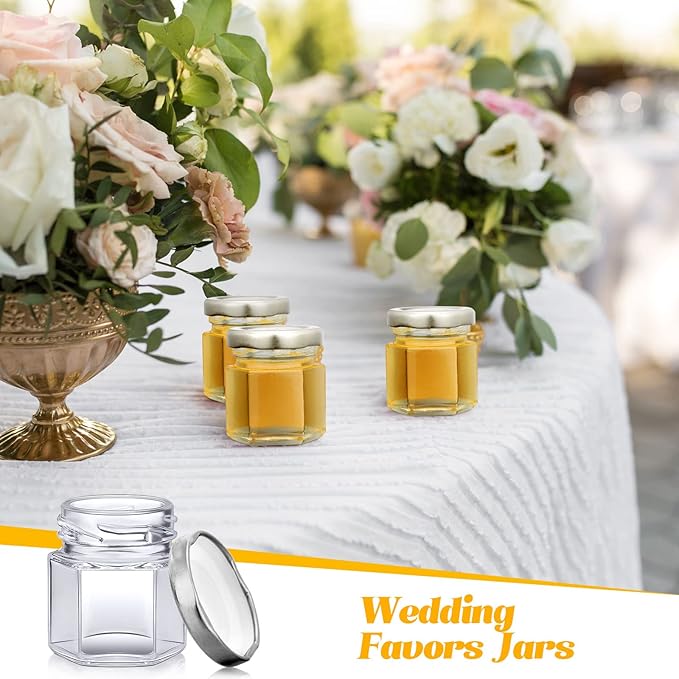 Nuogo 100 Pack 1.5oz Mini Hexagon Glass Jars Bulk for Wedding Small Honey Jars with Lids for Spice Canning Mason Gifts Candy Honey Wedding Party Favors DIY Crafts(Silver)