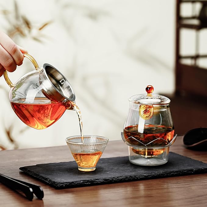 560ml (18.94 oz) Borosilicate Glass Teapot Set, 2-in-1 Gongfu Tea Brewer with Upper Brewing Pot and Lower Serving Kettle, Clear Teapot with Base for Blooming and Loose Leaf Tea