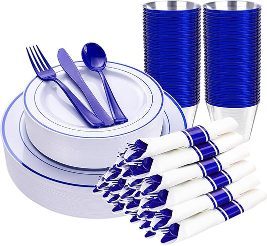 WELLIFE 210 Piece Blue Disposable Dinnerware Set,Plastic Plates for Party, Include: 30 Dinner Plates, 30 Dessert Plates, 30 Pre Rolled Napkins with Gold Silverware and 30 Gold Cups