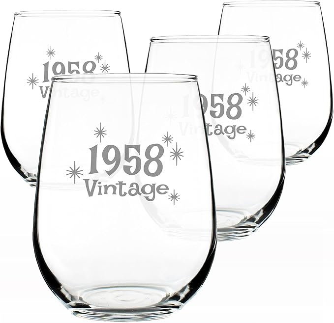 Bevvee Vintage 1958 Stemless Wine Glass - 68th Birthday Gifts for Women & Men Turning 68 - Bday Party Decor - Set of 4 - Large 17 oz
