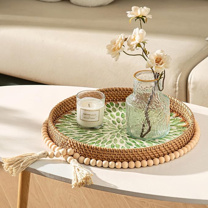 Set of 2 Round Rattan Tray Home Decor, Wicker Serving Tray with Mother of Pearl Inlay, Boho Decorative Tray for Coffee Table, Display, Ottoman, Kitchen Table (Green)