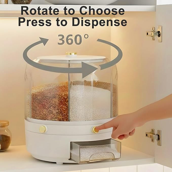 6-Compartment Rotating Grain Dispenser for Kitchen Pantry, One-Press Dry Food Storage Container for Rice, Beans, Oats, Cereal, Clear Multi-Section Food Organizer