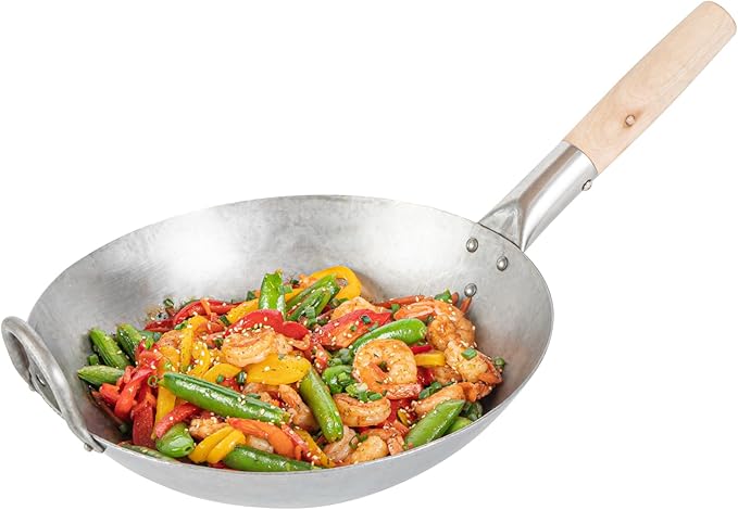 Motomori 12 Inch Hand-Hammered Carbon Steel Wok, 1 Traditional Japanese Wok - Round Bottom, Wooden Handle, Black Carbon Steel Traditional Stir Fry Pan, With Helper Handle - Restaurantware