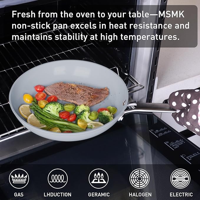 MsMk Ceramic Nonstick 8-inch, 9.5-inch and 11-inch Frying Pan Set, No PFAS & PTFE & PFOA, Stainless Steel Handle, Dishwasher & Oven Safe