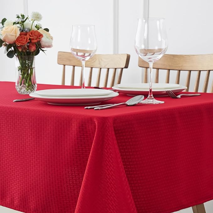 maxmill Rectangle Tablecloth Weaved Design Water Resistant Wrinkle Free Spill-Proof Soft Table Cloth for Dining Room Decoration, Banquet, Christmas Holiday Dinner, 60 x 84 Inch, Red