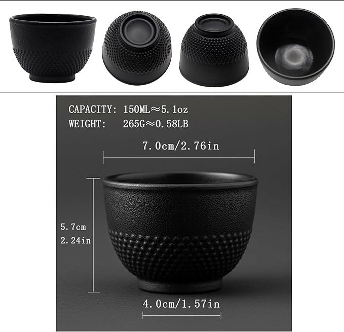 Japanese Cast Iron Tea Cups, Small and Heavy Teacups with no Handles, Japanese Style Cups for Adults, Asian Tea Cups, Coated with Enameled Interior, 4 Pcs/Box (Black, 5oz/150ml)