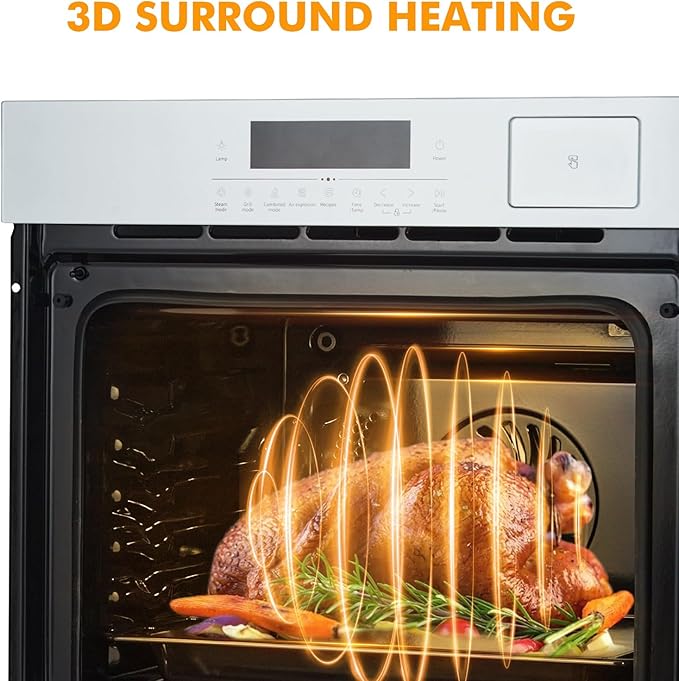24 Inch Stainless Steel Toaster Oven and White Air Fryer Combo: 70L Capacity, 3D Heating with Steam, Touch Control, Multi-Function Modes for Countertop Built-in Use