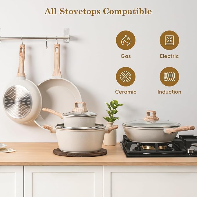 12 Pcs Pots and Pans Set Non Stick, Cookware Sets White Granite Induction Cookware, Non-toxic Healthy Nonstick Kitchen Cooking Set with Frying Pan Set, Saucepans (PFAS/PFOA/PFOS Free)