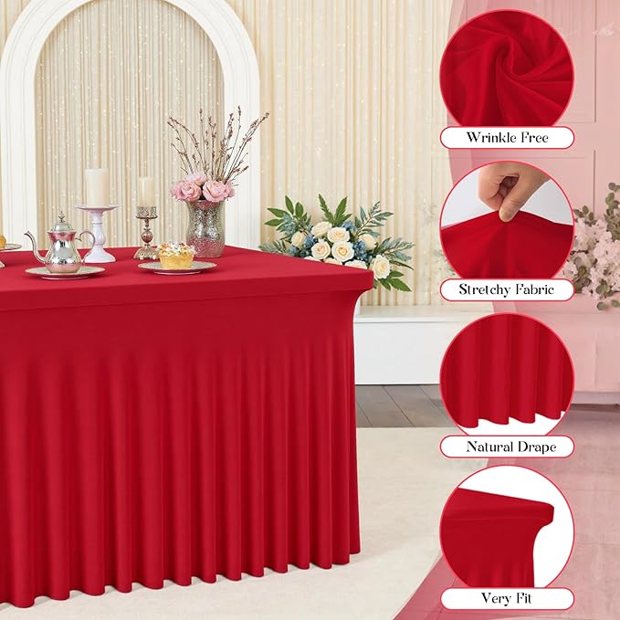 Red Spandex Tablecloth with Skirt for 6FT Tables – Wrinkle-Free, Stretch Fitted Elastic Cover – Rectangle Table Cloth for Christmas Banquets Parties Buffets Restaurants