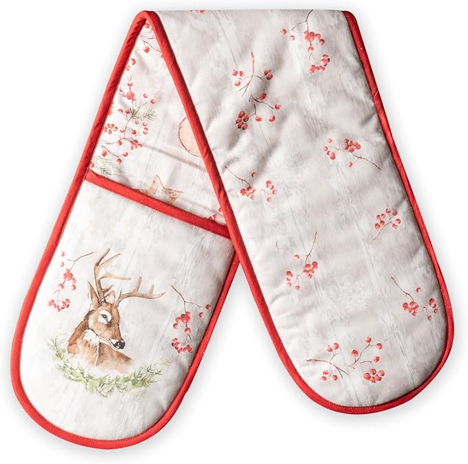 Maison d' Hermine Double Oven Mitt (7" x 35") 100% Cotton Heat Resistant BBQ Cooking Gloves with Loop for Thanksgiving Christmas Decorations Baking Cooking Barbeque Handling Hot Pan (Mountain Life)