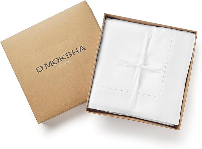 D'Moksha Homes White Linen Tablecloth for Rectangle Tables 60 x 84 Inch - Classic Hemstitch 100% Pure Linen White Table Cloth - Machine Washable Dining Tablecloth for Christmas, Holiday, New Year