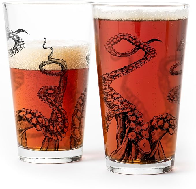 Black Lantern Nature Themed Pint Glasses Set of 2 – Pint Glasses in Unique Designs for Craft Beer Enthusiasts - Set of Two 16oz. Glasses with Octopus Tentacles Screen Print