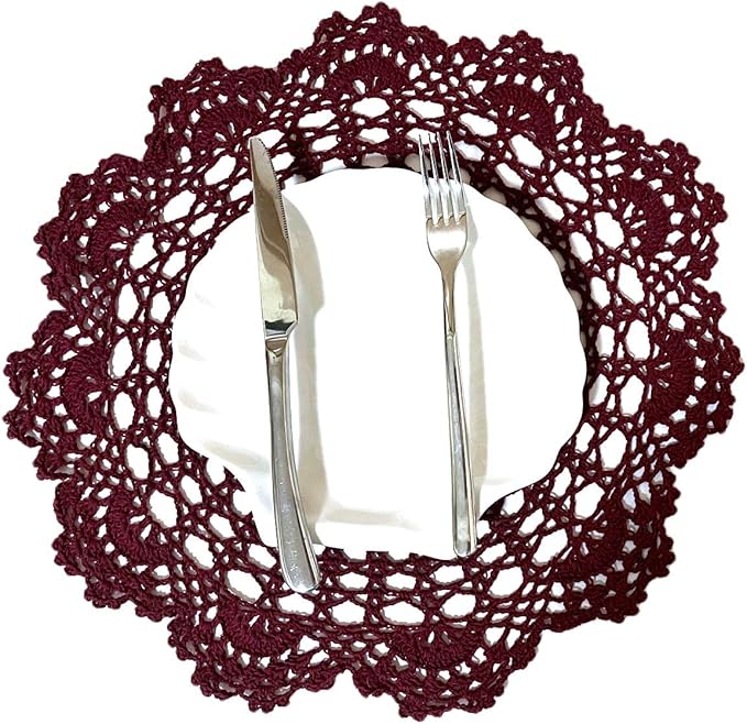 BIBITIME 2 PCS 15 inches to 16 inches Doilies Kitchen Handmade Placemats Round Crochet Flower Cup Mug Mat Table Doily (Wine Red)