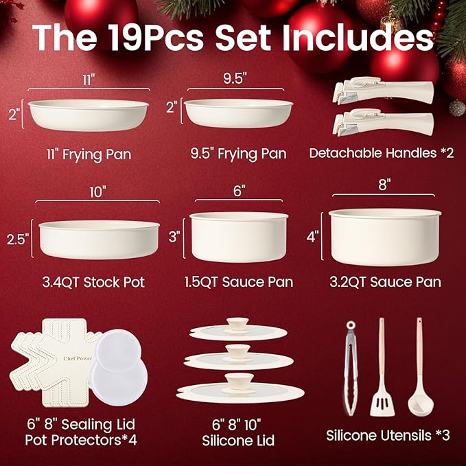 Chef Power Ceramic Cookware Set Non Toxic with Detachable Handles, Healthy Nonstick Pans and Pots Set 19 Pcs, Induction Dishwasher Oven Safe Kitchen Set, PFAS PFOA & PTFE Free, Cream White