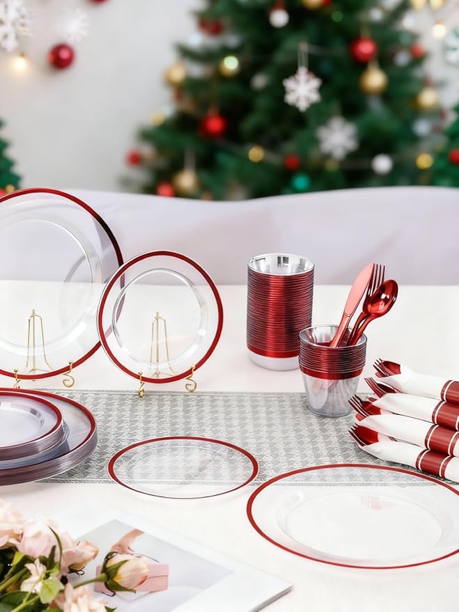 350PCS Disposable Clear Red Dinnerware Sets for 50 Guests, Plastic Plates for Party, 100 Plastic Plates, 50 Cups,50 Pre-Rolled Napkins with Cutlery for Parties, Christmas, Wedding