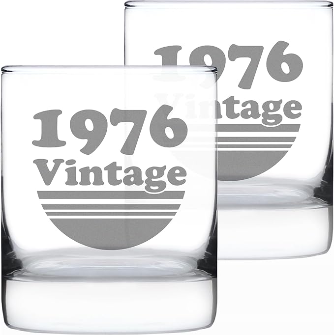 Bevvee Vintage 1976 Whiskey Rocks Glass - 50th Birthday Gifts for Men & Women Turning 50 - Old Fashioned Bday Decor - Set of 2-10.25 oz