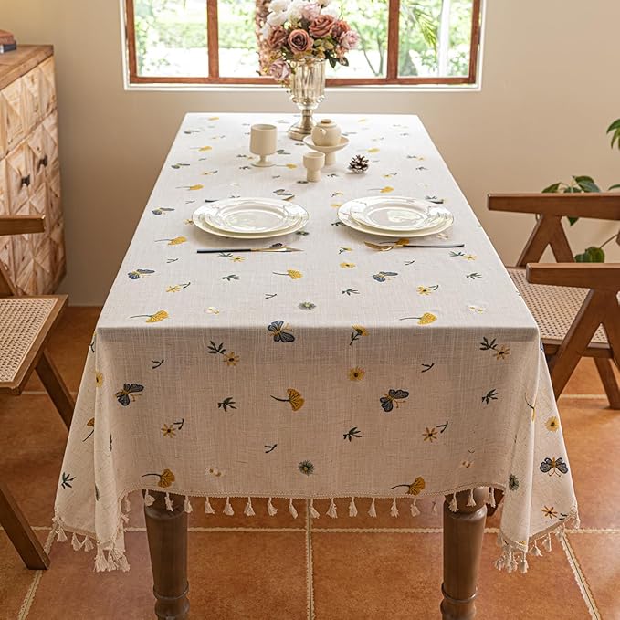 Polyester Linen Tablecloth with Tassels, Square Dining Table Sunflower Butterfly Flower Ginkgo Biloba Embroidered Tablecloth, Multiple Styles Boho Country Rustic Farmhouse Tablecloth 55x55 inches