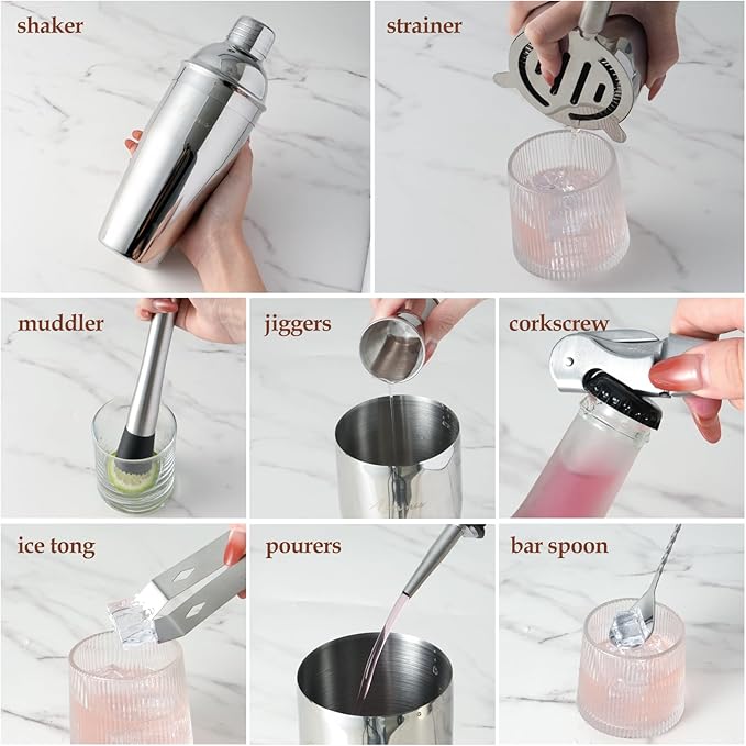 23-Piece Bartender Kit, Cocktail Shaker Set with Stand | Bar Drink Mixer Set with All Essential Bar Tools: Martini Shaker, Jigger, Strainer, Muddler, Pourers, for Home, Bar, Party (brown)