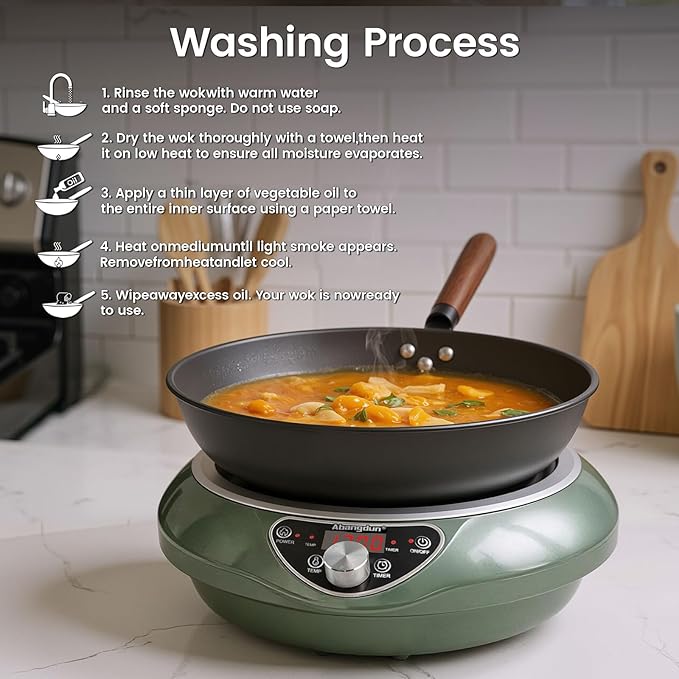 1700W 120V Wok Induction Cooktop,Non-Pulse Heating,16 Levels,18H Timer,13.4" Nitrided Carbon Steel Wok Set w/Lid&Steaming Rack,Round-Bottom Wok+ Flat Pan Compatible (<9"), Wok-Style Stir-Fry