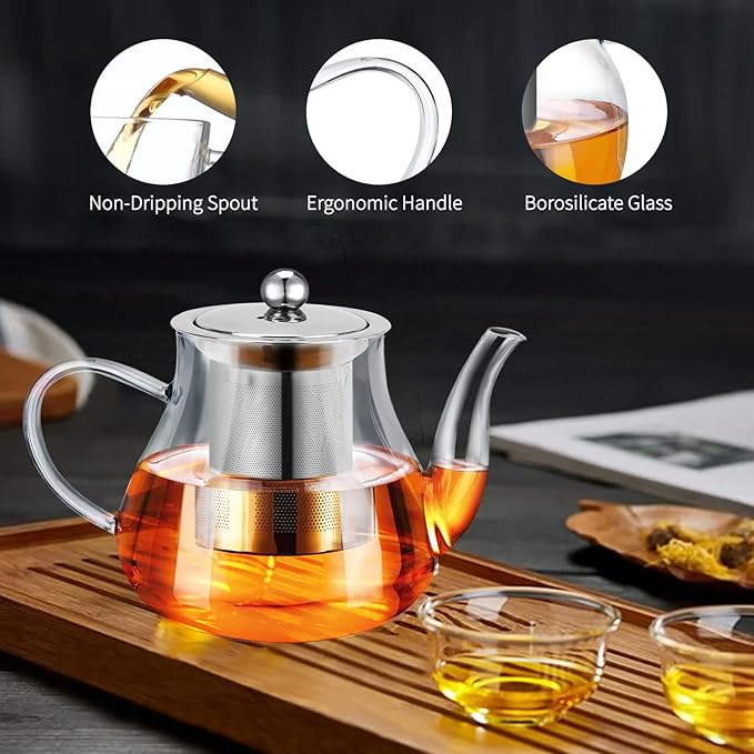 Glass Teapot 28oz/800ml with Removable Infuser, Borosilicate Clear Tea Kettle, Stovetop Safe Tea Kettle Blooming Loose Leaf Teapots, for Camping, Travel