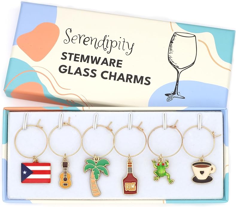 Serendipity Puerto Rico Wine Charms, Puerto Rican Gift, Boricua Souvenir, Set of 6 Includes: Guitar, Coquí Frog, Puerto Rico Flag, Rum, Palm Tree, and Coffee