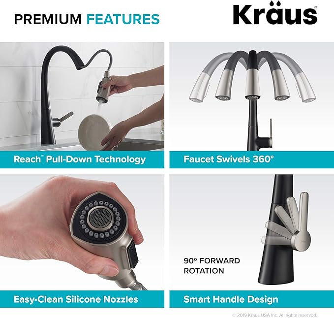 Kraus KPF-1673SFSMB Nolen Dual Function Pull, Faucets for Kitchen Sinks, Single-Handle, 16 3/8 Inch, Spot Free Stainless Steel/Matte Black