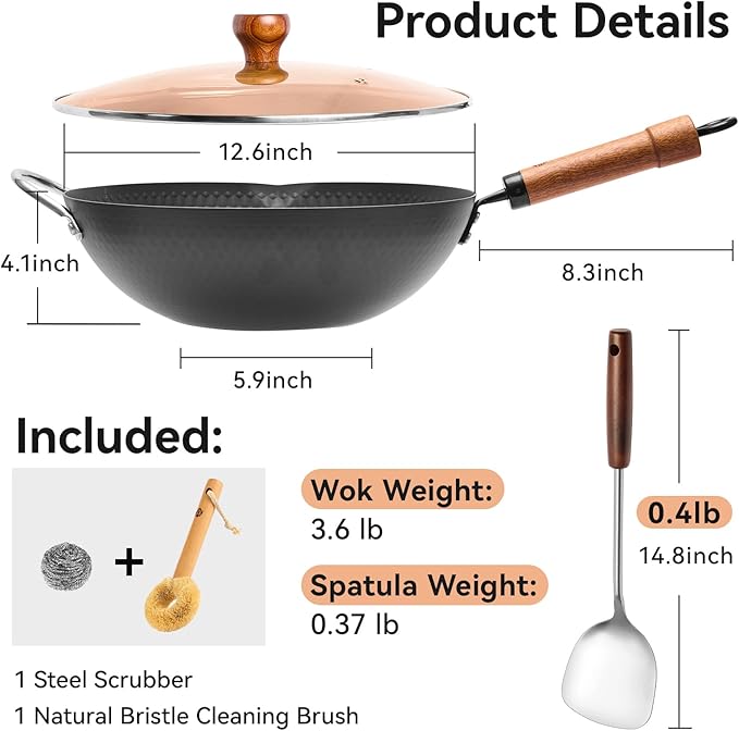 WANGYUANJI 12.6" Wok with Lid, Flat Bottom Nonstick Iron Wok Pan for Induction, Gas and Electric Stoves, Deep Stir-Fry Pan for Everyday Cooking