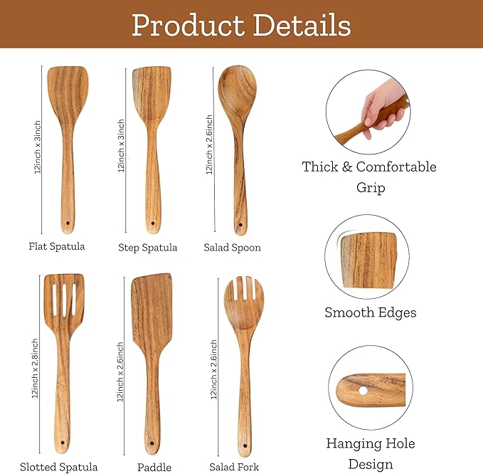 Mie Creations Acacia Wood Spatulas for Cooking, 6 Pcs Wooden Kitchen Cooking Utensils for Nonstick Pans & Cookware, Set of 6 Turner, Paddle, Slotted Spatula, Spoon, Fork, Sturdy Smooth Heat Resistant