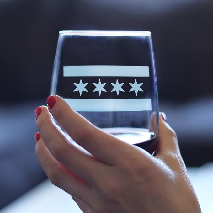 Bevvee Chicago Flag – Stemless Wine Glasses - Chitown Gifts - Large 17 Ounce