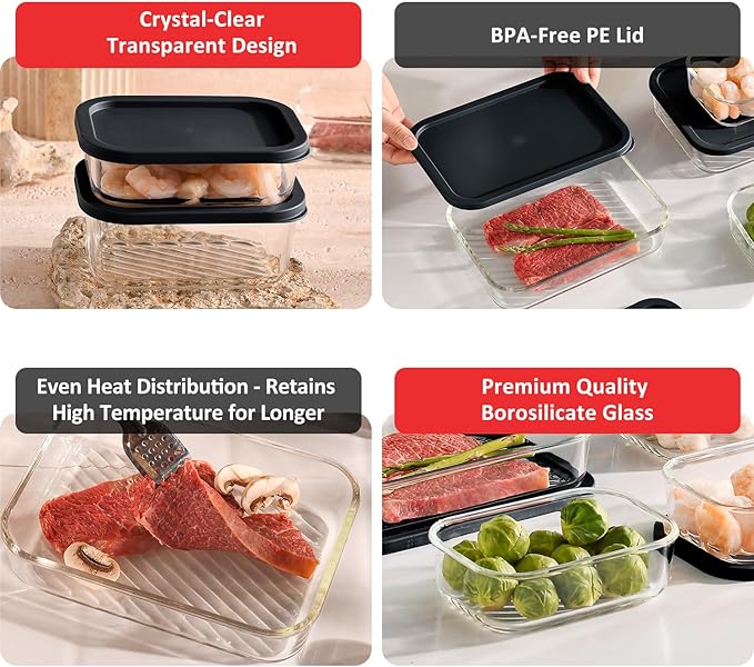 EATEX 6 Pack Glass Meal Prep Containers with Grooved Base, 6 Stackable BPA Free Glass Storage Containers with Lids for Lunch, Pantry, and Kitchen - Microwave, Dishwasher Freezer & Oven Safe - Black