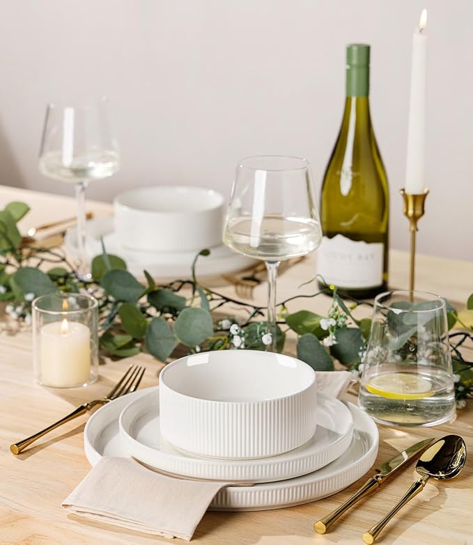 TheTerra Ceramic Dinnerware Sets for 4, 12 Pieces Porcelain Lightweight Plates and Bowls Sets, Scratch Resistant Dish Set, Oven & Microwave & Dishwasher Safe, Bright White