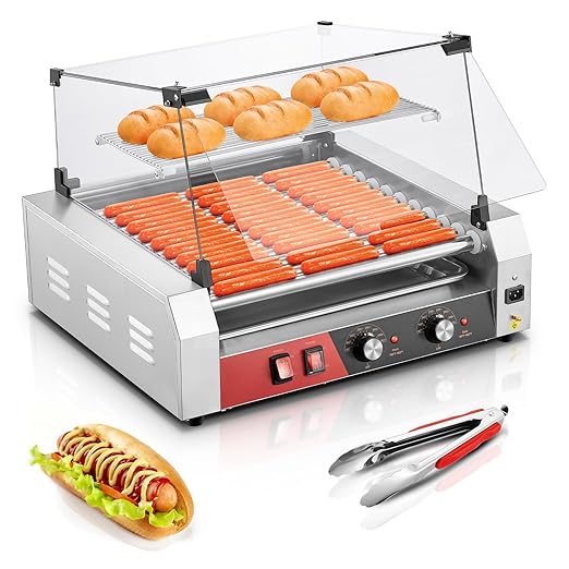 HOUSNAT Hot Dog Roller, 11 Rollers 30 Hot Dogs Capacity, 1650W Stainless Steel Hot Dog Machine with Dual Temperature Control, Bun Warmer Shelf, Glass Hood & Removable Drip Tray for Kitchen Restaurant