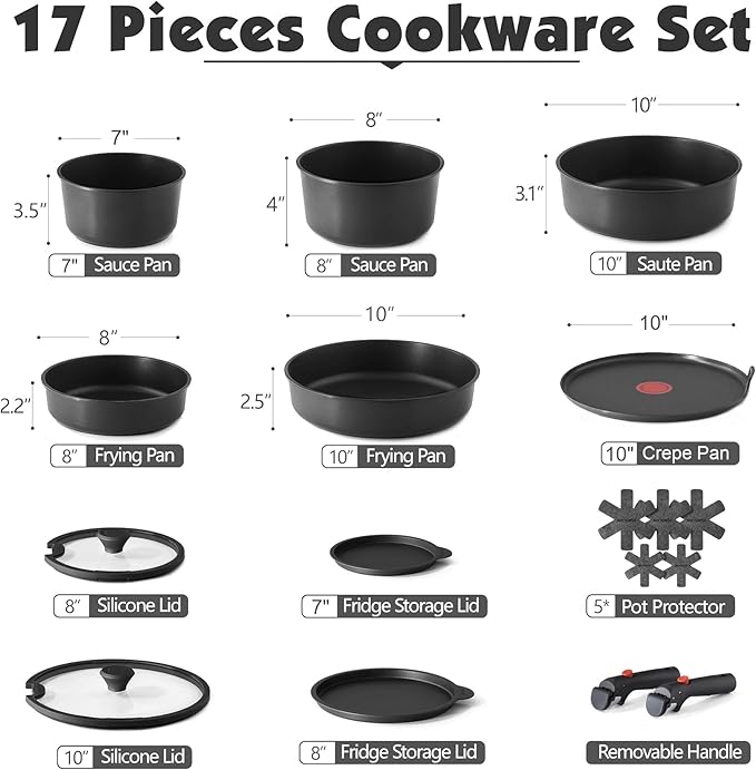 SENSARTE 17 Piece Pots and Pans Set, Nonstick Detachable Handle Cookware Set, Induction Thermo-Signal Cookware Set with Removable Handle, Healthy Non Stick for RV, Dishwasher ＆ Oven Safe (Black)