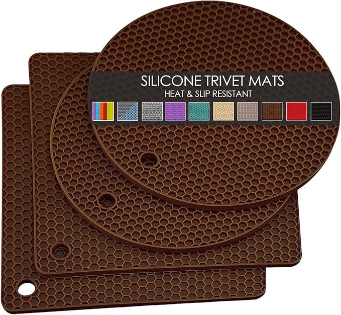 4 Pack Silicone Trivet Mats, Heat Resistant Hot Pot Holders and Pads for Kitchen Countertop, Non-Slip Brown Trivets for Pots and Pans, Hot Plate Coffee Mat