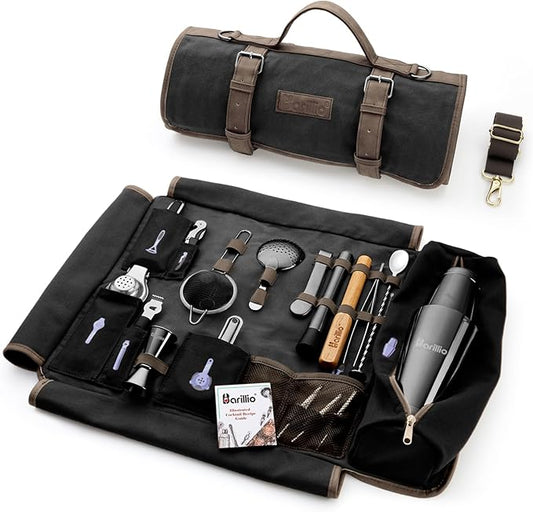 Barillio Bartender Kit Bag with Black Cocktail Shaker Set - Waxed Canvas, Traveling Bar Tools Bag with 17-Pc Cocktail Kit - Travel Mixology Bartending Kits - Mobile Bar Roll with Strap & Accessories