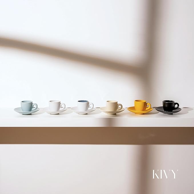 KIVY 3 oz Espresso cups set of 4 - Thick walled stoneware espresso cup set - Italian style espresso cups and saucers - Demitasse cups set of 4 - Small coffee mugs - Demitasse cups and saucers sets