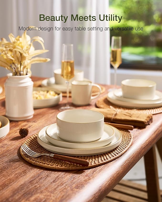famiware Star Dinnerware Set, Plates and Bowls Sets for 6 (18pcs), Ribbed Stoneware Dishes - Chip & Scratch Resistant, Microwave & Dishwasher Safe Kitchenware, White