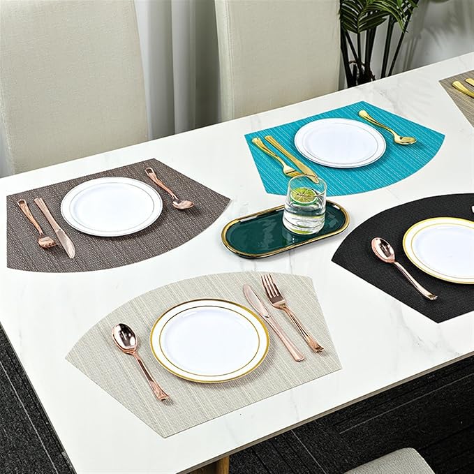 Round Oval PVC Table Placemats Wedge Shaped Dining Table Mats Non-Slip Heat Waterproof Indoor Outdoor Kitchen(Stripe Blue Green,4pcs 45x30cm)
