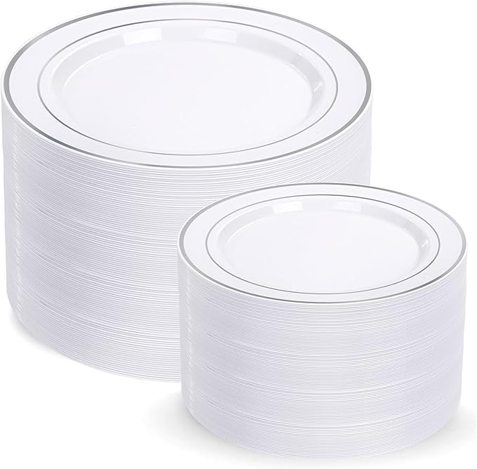 I00000 200 Pcs Silver Plastic Plates - Silver Disposable Party Plates Include 100 Dinner Plate and 100 Elegant Dessert Plate Perfect for Party, Holiday, Wedding & Birthday