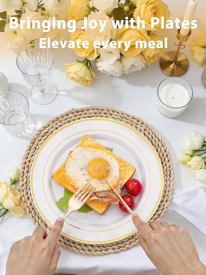 WDF 175PCS White and Gold Plastic Plates - Gold Plates Disposable - 25 Guest Gold Disposable Dinnerware Sets Include 50 Plate, 25 Cutlery, 25 Napkins and 25 Cups for Party Wedding Valentine's Day