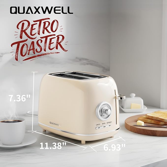 2-Slice Toaster, Wide Slots, 7 Bread Shade Settings, Stainless Steel, Bagel, Cancel, and Defrost Functions, Removable Crumb Tray, Retro Style Toaster,Beige