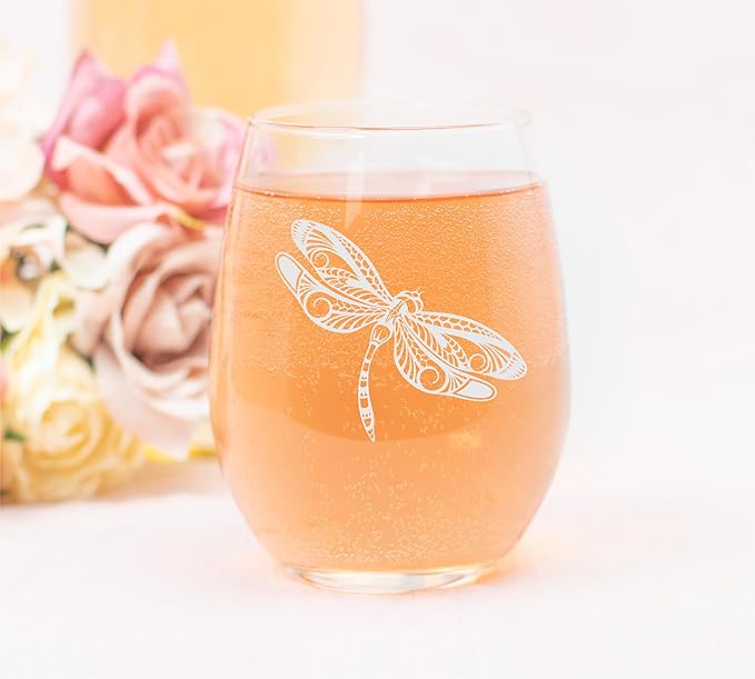 C M Dragonfly Stemless Wine Glass, 17 oz - Dragonfly Themed Gift for Men and Women