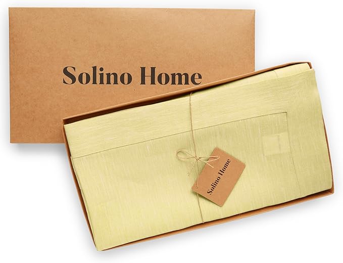 Solino Home Linen Tablecloth 60 x 90 Inch - 100% Pure Linen Chambray Yellow Table Cloth for Rectangular Tables - Athena, Machine Washable Cloth Tablecloth for Spring, Easter