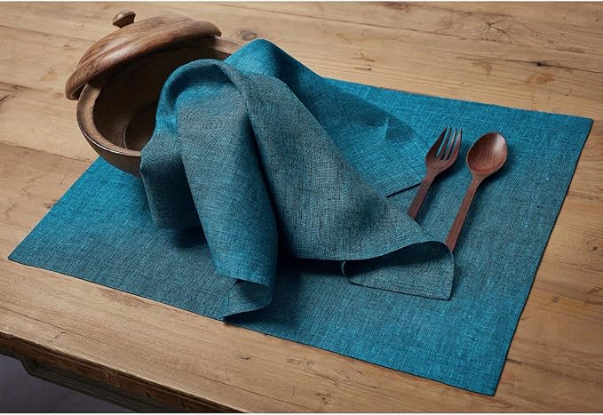 Solino Home Linen Placemats Set of 4 - Chambray Teal Placemats 14 x 19 Inch - 100% Pure Linen Table Mats for Spring, Easter, St Patricks Day - Athena