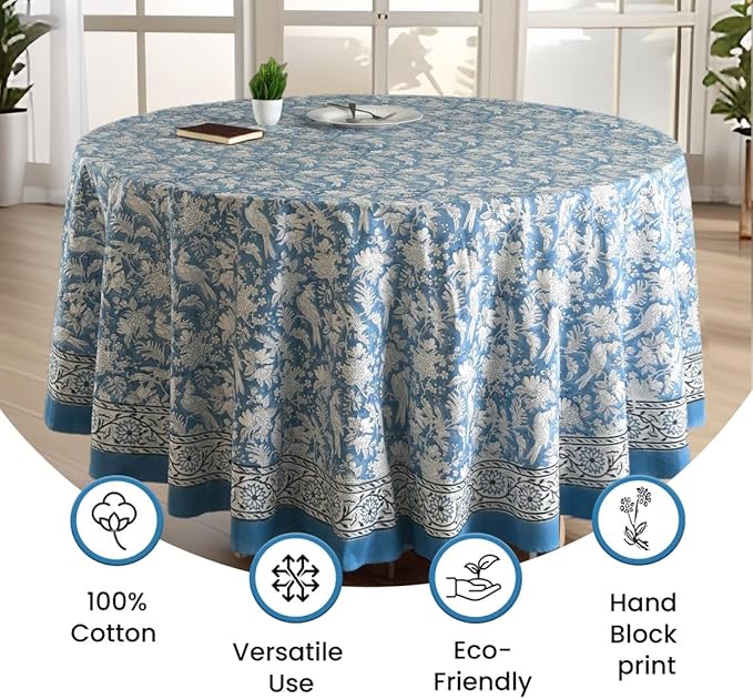CPC Round Tablecloth- Cotton Indian Block Print Tablecloth -Handmade Printed Washable Cotton Table Cloth - Spring/Summer, Wedding Table Cover - Blue Sapphire 120 Inch